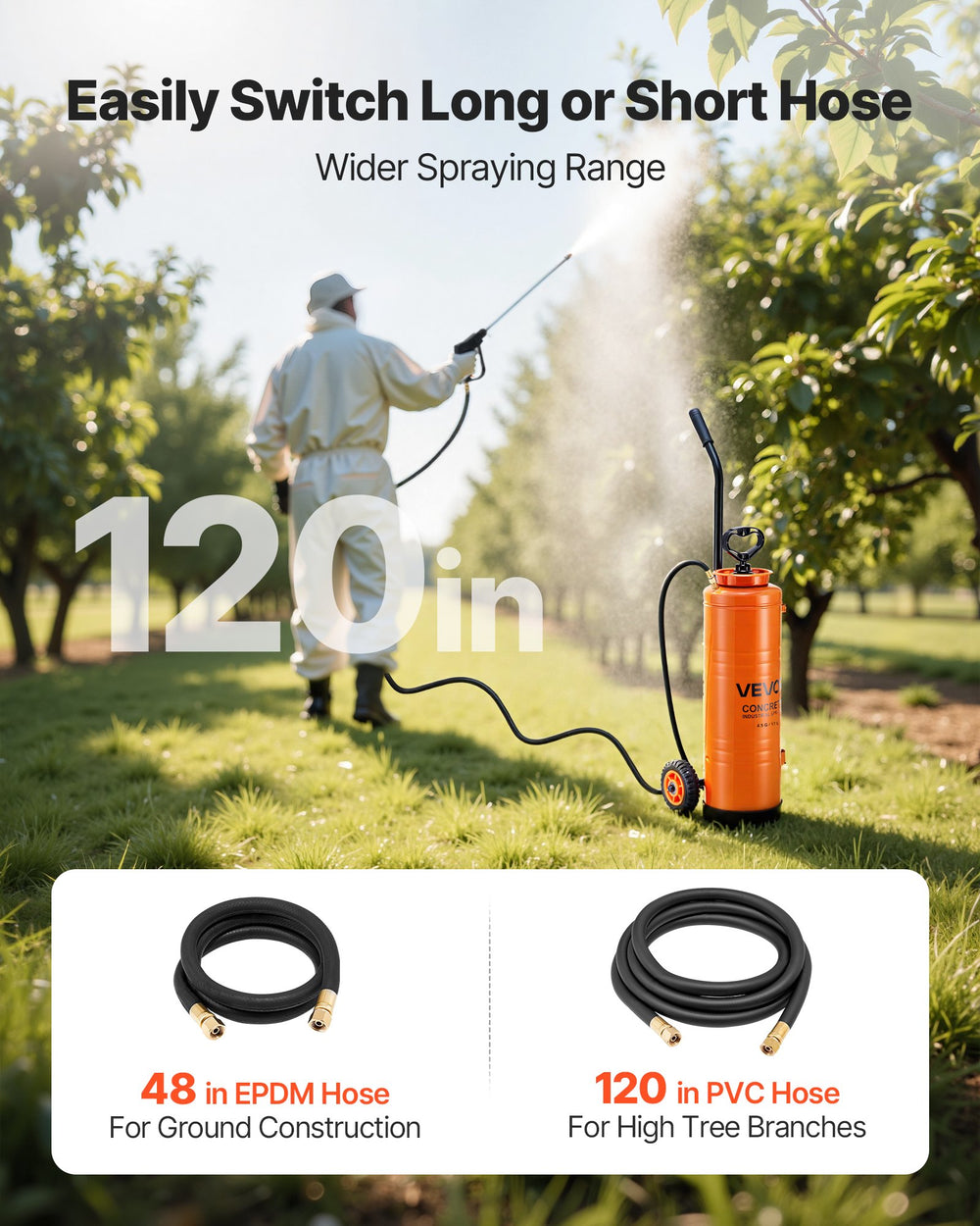 VEVOR Industrial Sprayer, 17L Large Capacity, Stainless Steel Concrete Sprayer with Ergonomic Handle & Removable Cart, 1.2 m & 3 m Hose, Concrete Sealer Sprayers for Form Oils Construction