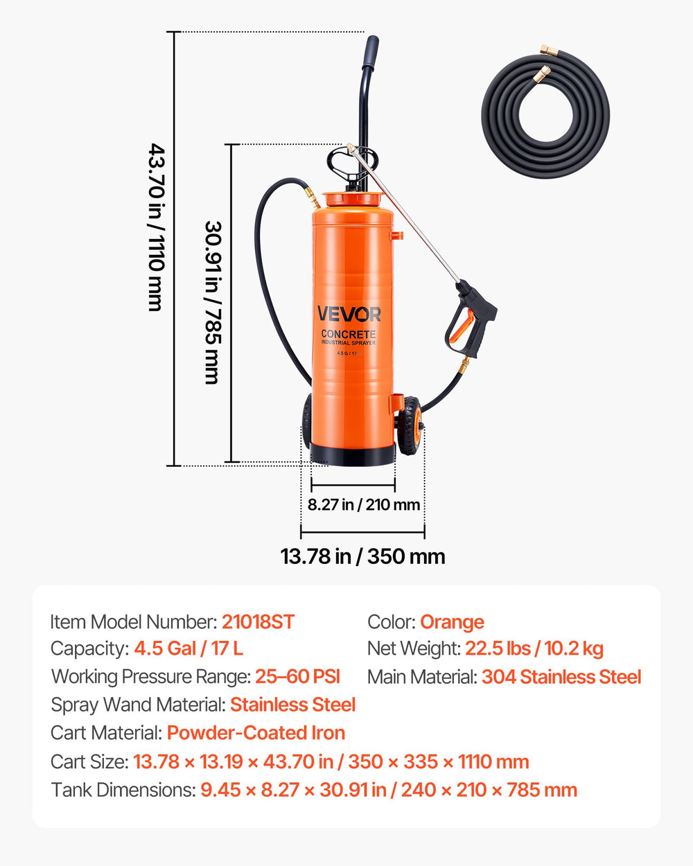 VEVOR Industrial Sprayer, 17L Large Capacity, Stainless Steel Concrete Sprayer with Ergonomic Handle & Removable Cart, 1.2 m & 3 m Hose, Concrete Sealer Sprayers for Form Oils Construction