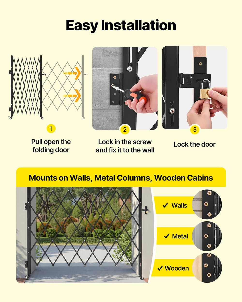 VEVOR Single Folding Security Gate, Lockable Scissor Gate with 360° Swivel Casters, Outdoor Barricade Steel Retractable Gates, for Entry Security, Garage, Warehouse & Pool, 180 × 161 cm (W × H)