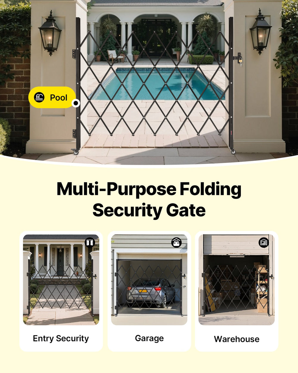 VEVOR Single Folding Security Gate, Lockable Scissor Gate with 360° Swivel Casters, Outdoor Barricade Steel Retractable Gates, for Entry Security, Garage, Warehouse & Pool, 180 × 161 cm (W × H)