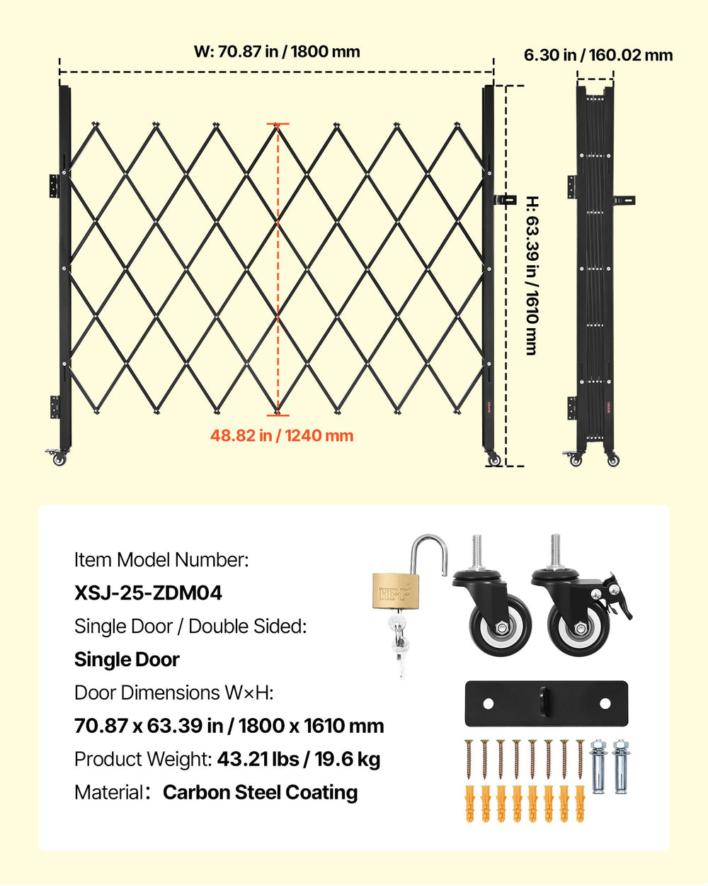 VEVOR Single Folding Security Gate, Lockable Scissor Gate with 360° Swivel Casters, Outdoor Barricade Steel Retractable Gates, for Entry Security, Garage, Warehouse & Pool, 180 × 161 cm (W × H)