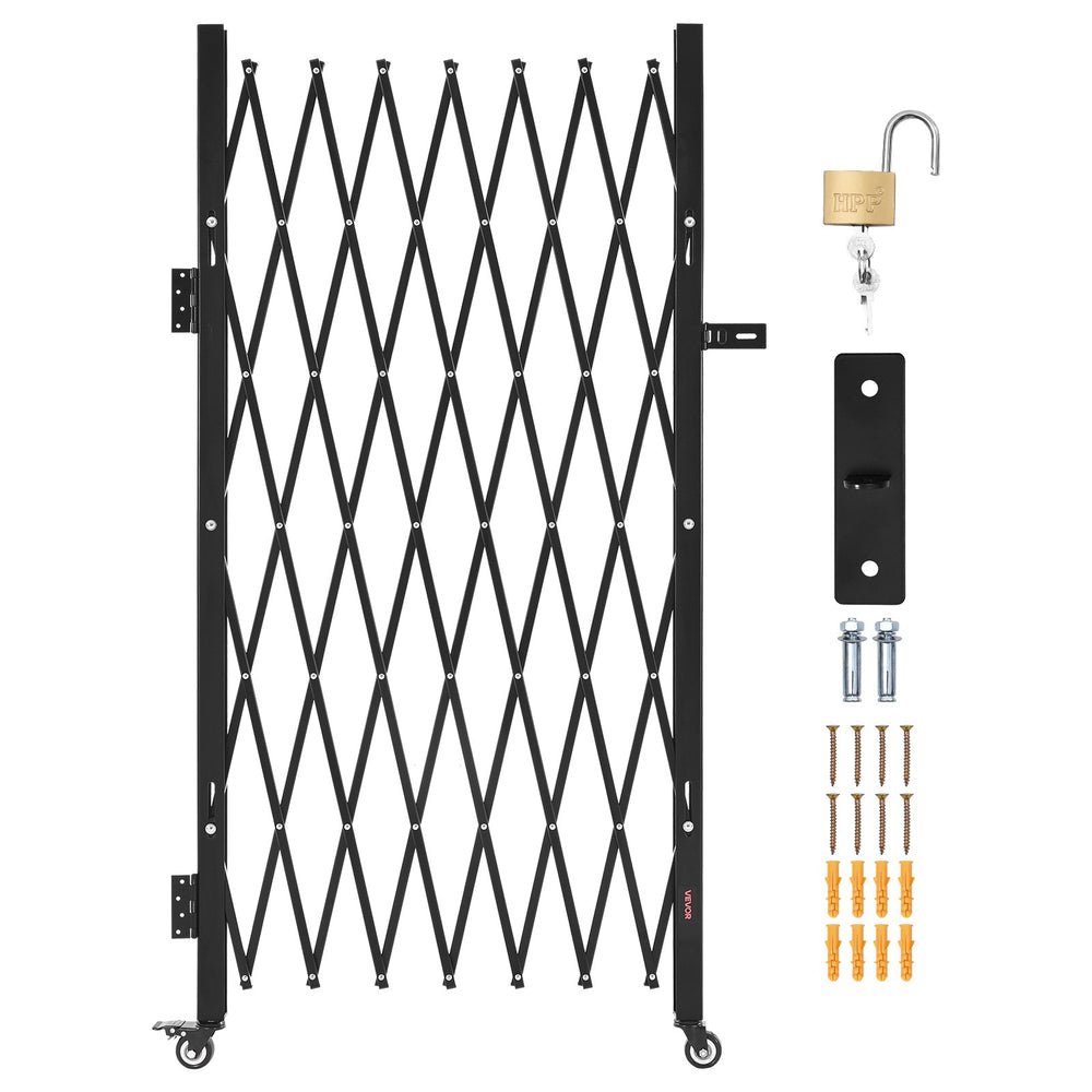 VEVOR Single Folding Security Gate, Lockable Scissor Gate with 360° Swivel Casters, Outdoor Barricade Steel Retractable Gates, for Entry Security, Garage, Warehouse & Pool, 180 × 161 cm (W × H)