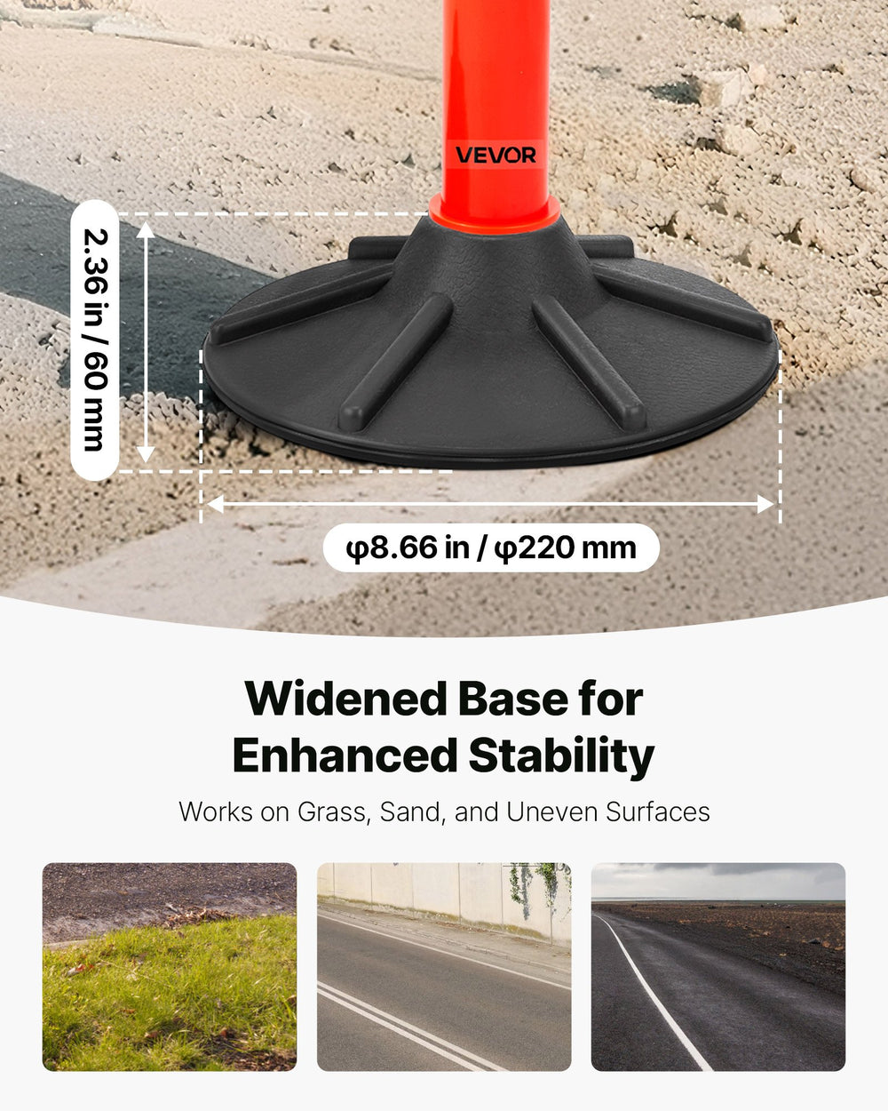 VEVOR 3 Pack Traffic Delineator Posts, 871 mm Traffic Safety Cones with Weighted Base, Reflective Strips and Chain, Heavy Duty Delineator Posts for Construction Site, Parking Lot, Crowd Control, Red