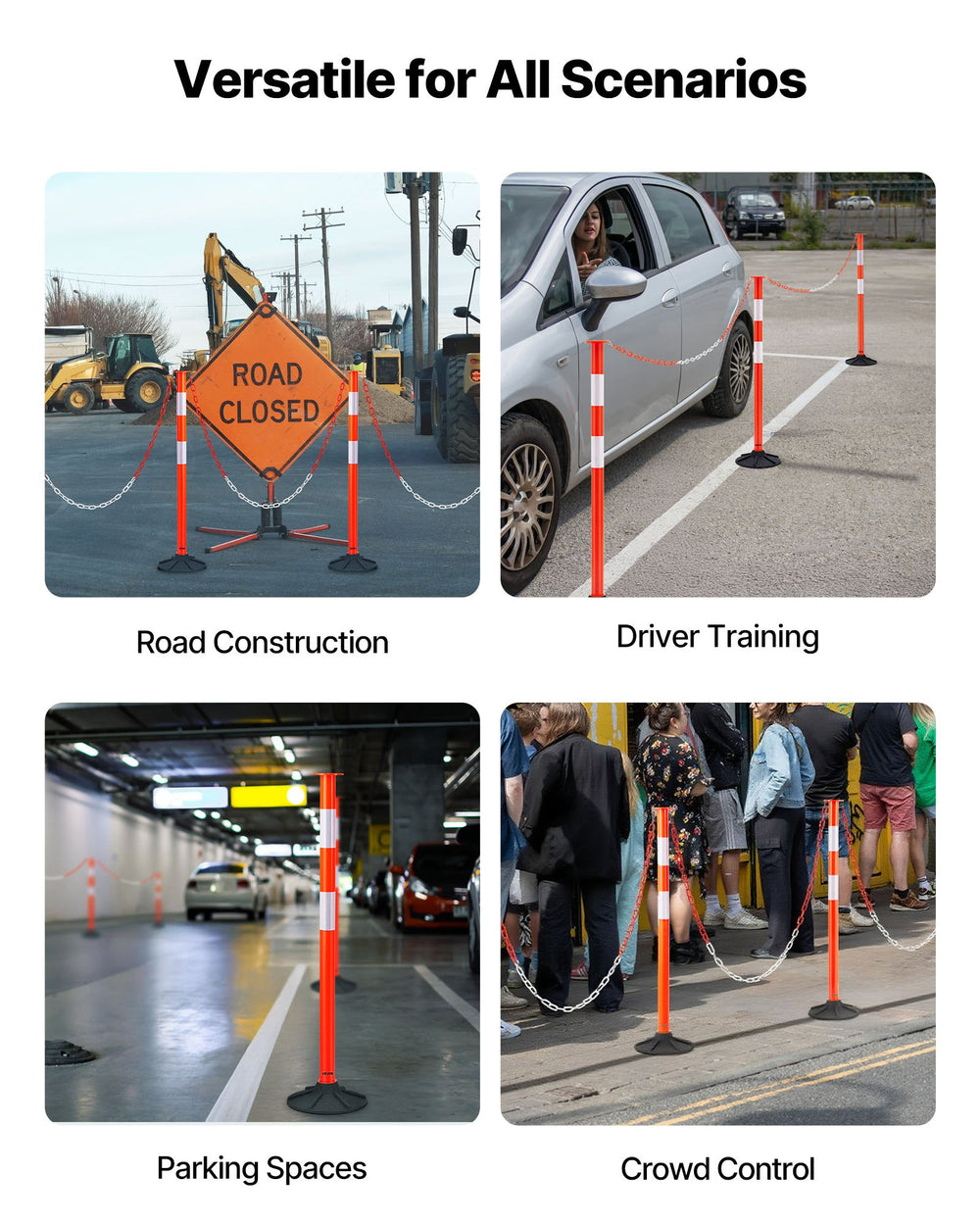 VEVOR 3 Pack Traffic Delineator Posts, 871 mm Traffic Safety Cones with Weighted Base, Reflective Strips and Chain, Heavy Duty Delineator Posts for Construction Site, Parking Lot, Crowd Control, Red