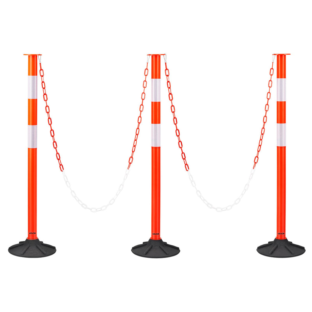 VEVOR 3 Pack Traffic Delineator Posts, 871 mm Traffic Safety Cones with Weighted Base, Reflective Strips and Chain, Heavy Duty Delineator Posts for Construction Site, Parking Lot, Crowd Control, Red