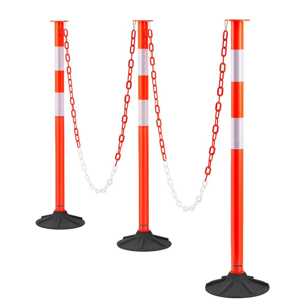 VEVOR 3 Pack Traffic Delineator Posts, 871 mm Traffic Safety Cones with Weighted Base, Reflective Strips and Chain, Heavy Duty Delineator Posts for Construction Site, Parking Lot, Crowd Control, Red