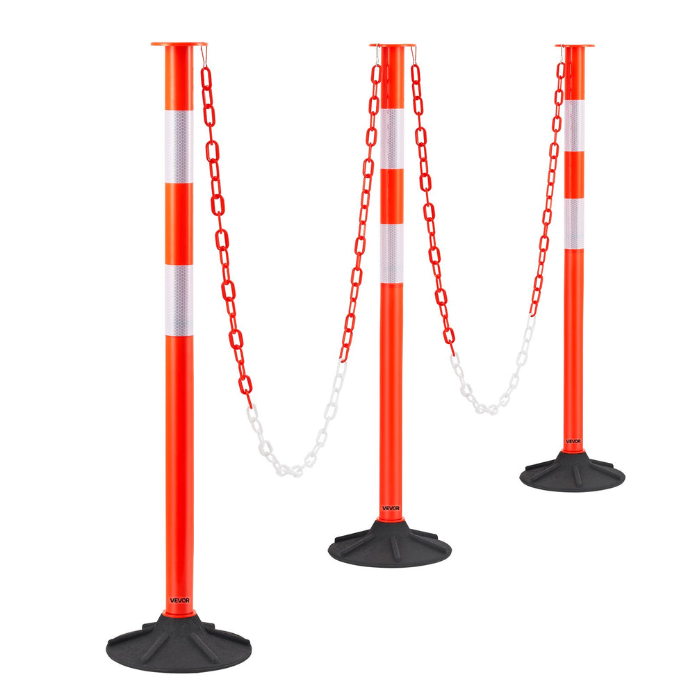 VEVOR 3 Pack Traffic Delineator Posts, 871 mm Traffic Safety Cones with Weighted Base, Reflective Strips and Chain, Heavy Duty Delineator Posts for Construction Site, Parking Lot, Crowd Control, Red
