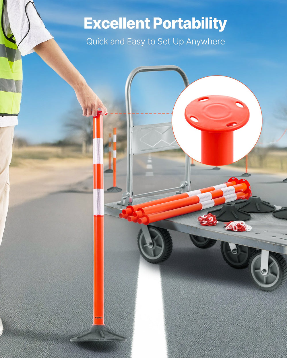 VEVOR 4 Pack Traffic Delineator Posts, 871 mm Traffic Safety Cones with Weighted Base, Reflective Strips and Chain, Heavy Duty Delineator Posts for Construction Site, Parking Lot, Crowd Control, Red