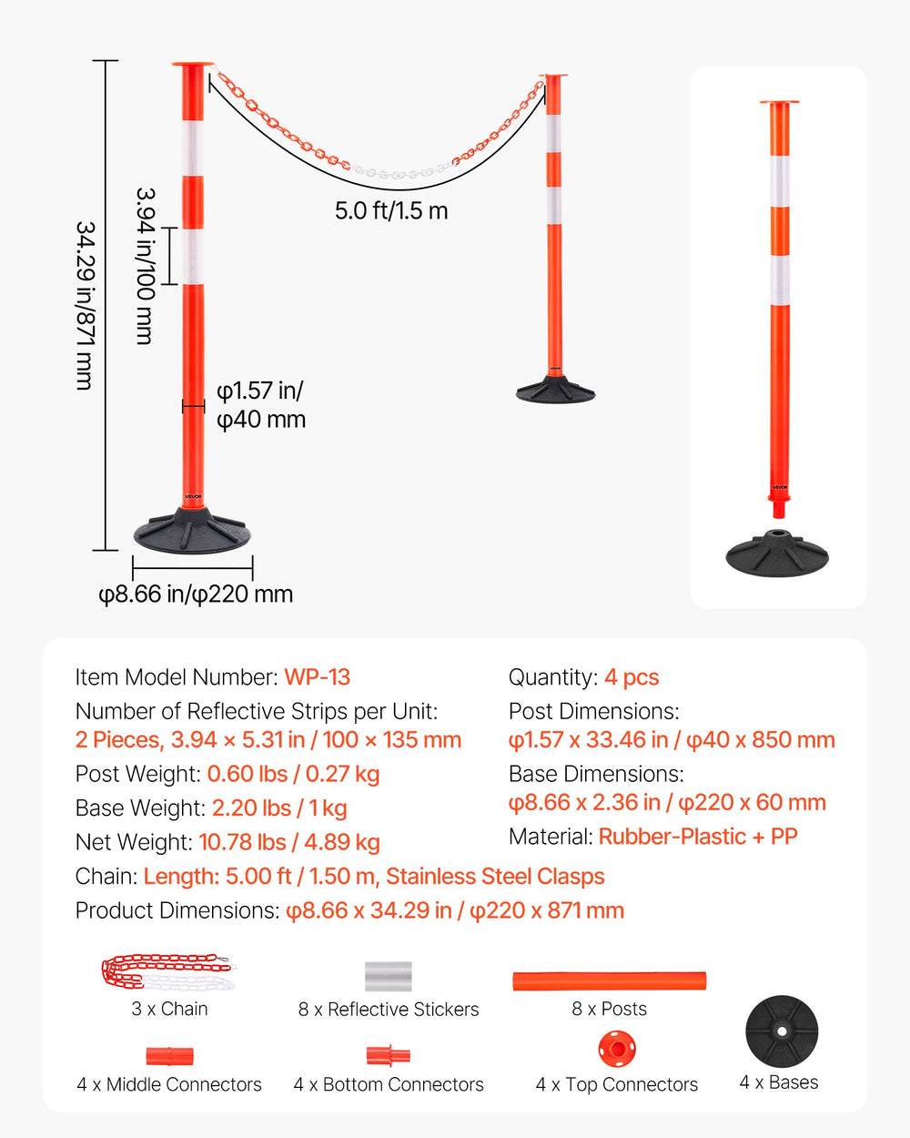 VEVOR 4 Pack Traffic Delineator Posts, 871 mm Traffic Safety Cones with Weighted Base, Reflective Strips and Chain, Heavy Duty Delineator Posts for Construction Site, Parking Lot, Crowd Control, Red