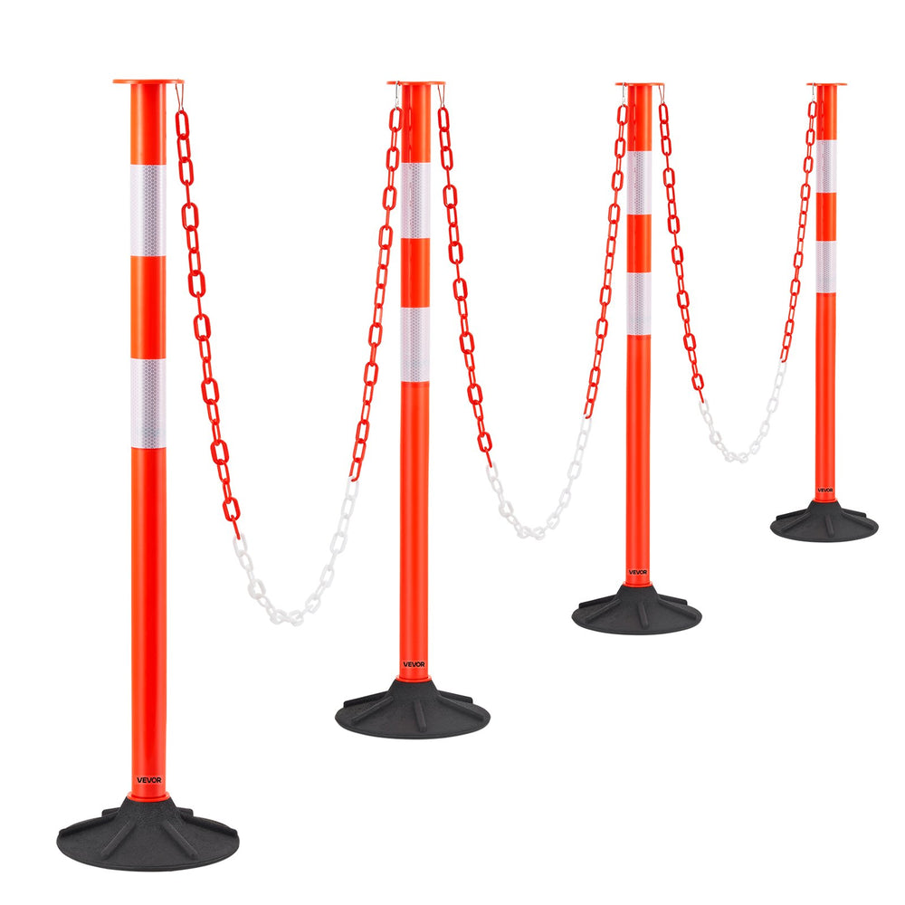 VEVOR 4 Pack Traffic Delineator Posts, 871 mm Traffic Safety Cones with Weighted Base, Reflective Strips and Chain, Heavy Duty Delineator Posts for Construction Site, Parking Lot, Crowd Control, Red