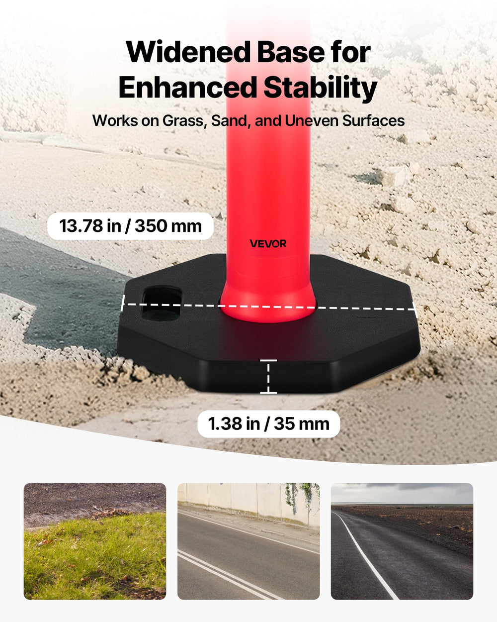 VEVOR 3 Pack Traffic Delineator Posts, 1140 mm Traffic Safety Cones with Weighted Base and Reflective Strips, Heavy Duty Delineator Posts for Construction Site, Parking Lot, Crowd Control, Red