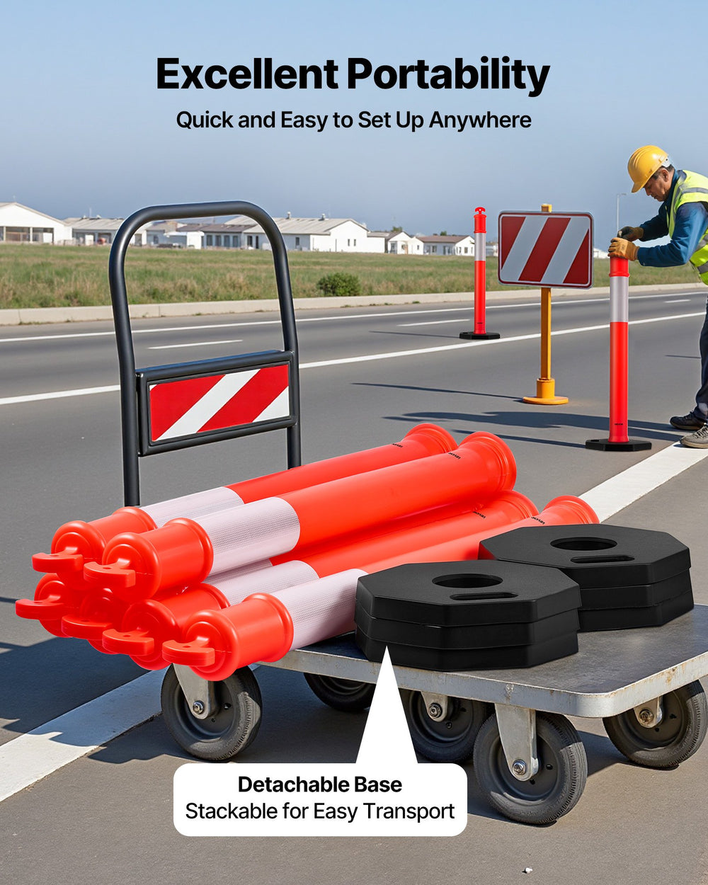 VEVOR 3 Pack Traffic Delineator Posts, 1140 mm Traffic Safety Cones with Weighted Base and Reflective Strips, Heavy Duty Delineator Posts for Construction Site, Parking Lot, Crowd Control, Red