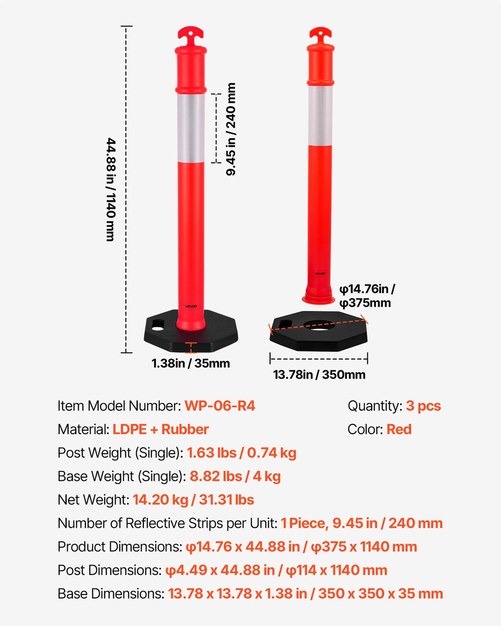 VEVOR 3 Pack Traffic Delineator Posts, 1140 mm Traffic Safety Cones with Weighted Base and Reflective Strips, Heavy Duty Delineator Posts for Construction Site, Parking Lot, Crowd Control, Red