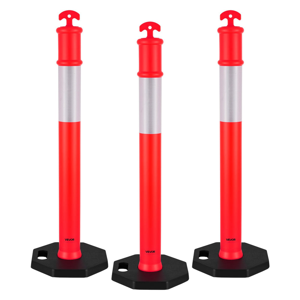 VEVOR 3 Pack Traffic Delineator Posts, 1140 mm Traffic Safety Cones with Weighted Base and Reflective Strips, Heavy Duty Delineator Posts for Construction Site, Parking Lot, Crowd Control, Red