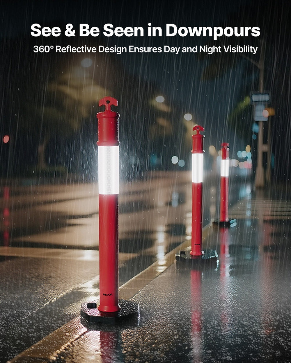 VEVOR 6 Pack Traffic Delineator Posts, 1140 mm Traffic Safety Cones with Weighted Base and Reflective Strips, Heavy Duty Delineator Posts for Construction Site, Parking Lot, Crowd Control, Red