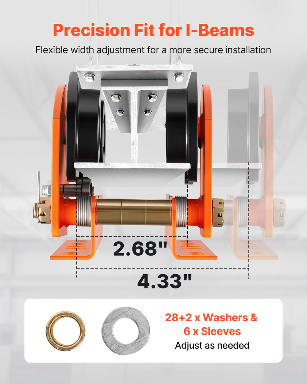 VEVOR Electric Hoist Manual Trolley, 1 Ton Load Capacity for PA600 PA700 PA800 PA900 PA1000, Push Beam Trolley with Dual Wheels, 68-110 mm Adjustable Beam Flange Width for Straight &amp; Curved I-Beam