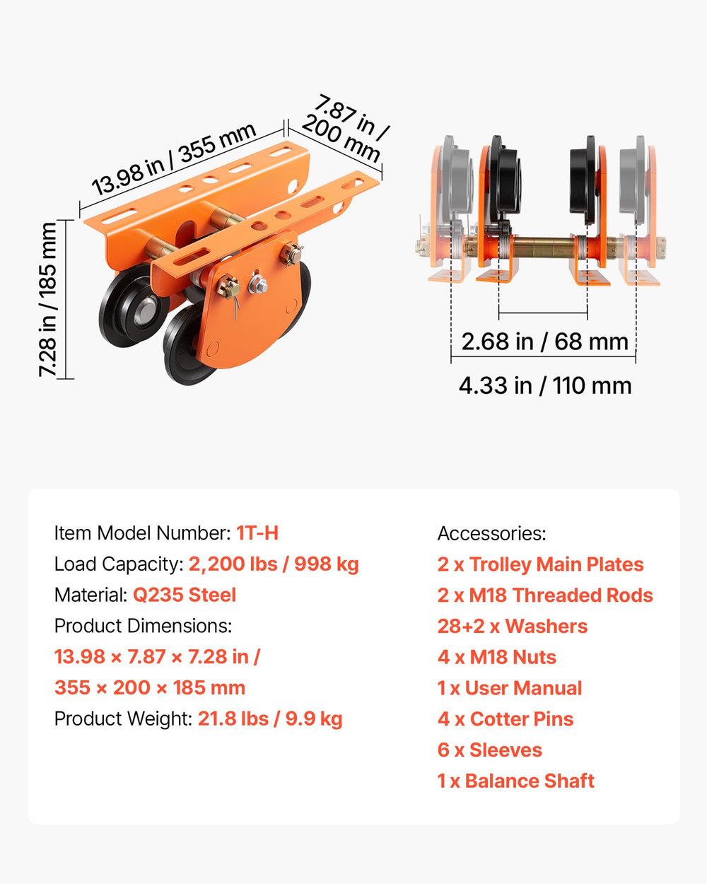 VEVOR Electric Hoist Manual Trolley, 1 Ton Load Capacity for PA600 PA700 PA800 PA900 PA1000, Push Beam Trolley with Dual Wheels, 68-110 mm Adjustable Beam Flange Width for Straight &amp; Curved I-Beam