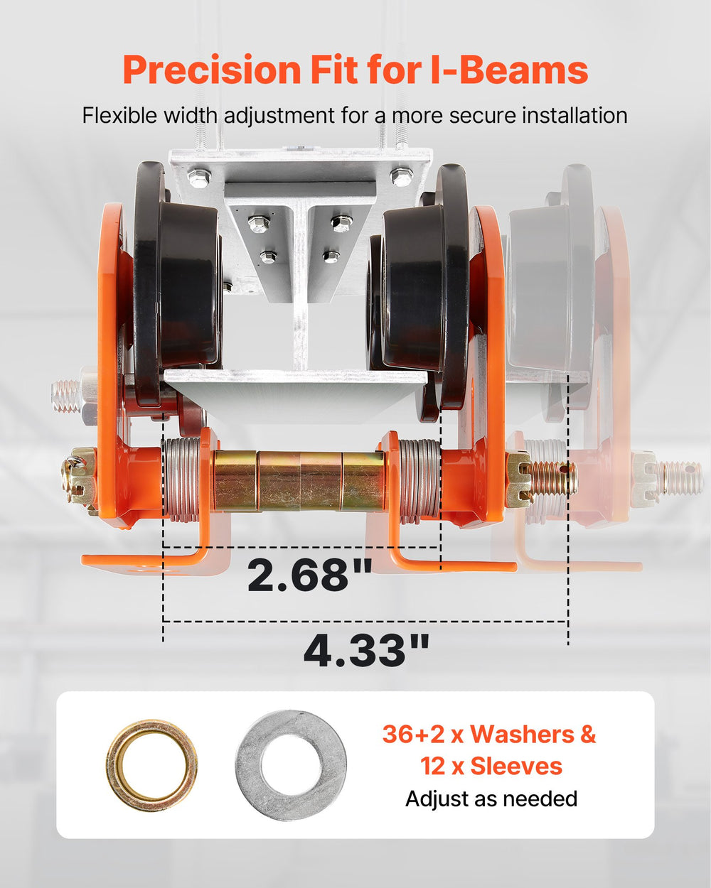 VEVOR Electric Hoist Manual Trolley, 0.5 Ton Load Capacity for PA200 PA250 PA300 PA400 PA500, Push Beam Trolley with Dual Wheels, 68-110 mm Adjustable Beam Flange Width for Straight & Curved I-Beam