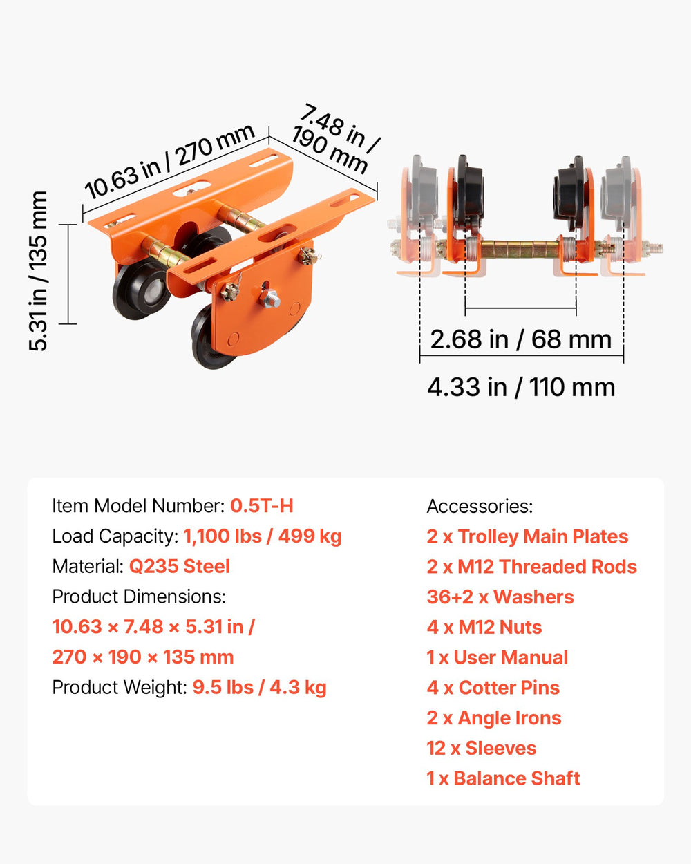 VEVOR Electric Hoist Manual Trolley, 0.5 Ton Load Capacity for PA200 PA250 PA300 PA400 PA500, Push Beam Trolley with Dual Wheels, 68-110 mm Adjustable Beam Flange Width for Straight & Curved I-Beam