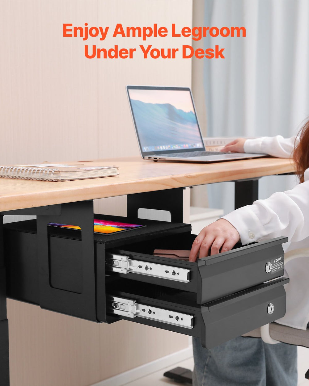 VEVOR 13" Wide Under Desk Drawer Slide Out, Under Table Pull-out Drawer Attachment, Hidden Desktop 2 Layer Storage Organizer, Lockable Undermount Pencil Drawer for Sit Stand Workstation, 14x13x10 in