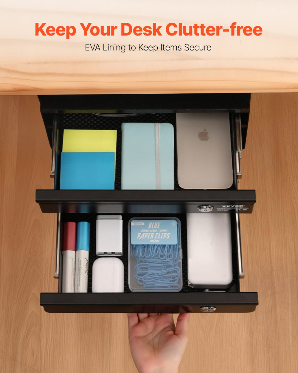 VEVOR 13" Wide Under Desk Drawer Slide Out, Under Table Pull-out Drawer Attachment, Hidden Desktop 2 Layer Storage Organizer, Lockable Undermount Pencil Drawer for Sit Stand Workstation, 14x13x10 in