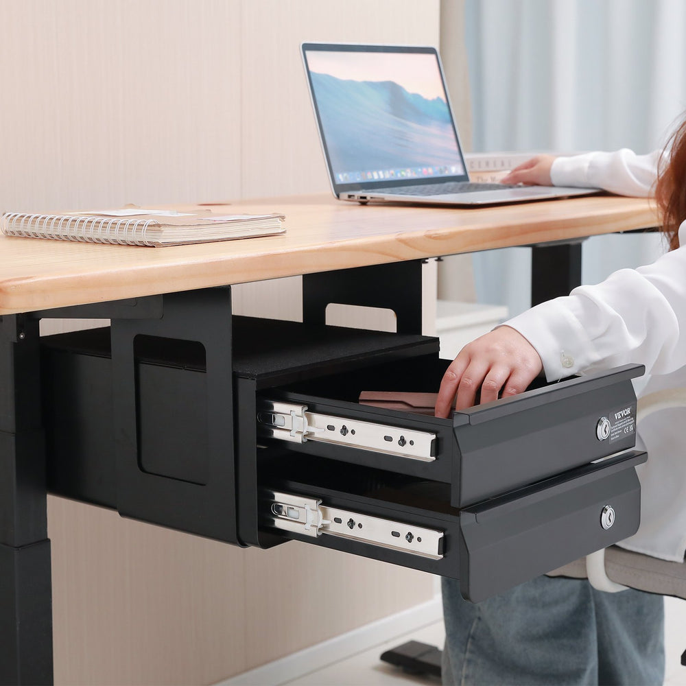 VEVOR 13" Wide Under Desk Drawer Slide Out, Under Table Pull-out Drawer Attachment, Hidden Desktop 2 Layer Storage Organizer, Lockable Undermount Pencil Drawer for Sit Stand Workstation, 14x13x10 in