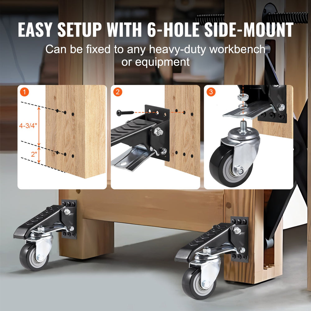 VEVOR Workbench Caster Wheels, 74.8kg Load Capacity, Set of 4, 6.3cm Heavy Duty Retractable Casters, Side Mounted Adjustable Stepdown Wheels with 360° Swivel for Workbenches, Tables, and Equipment
