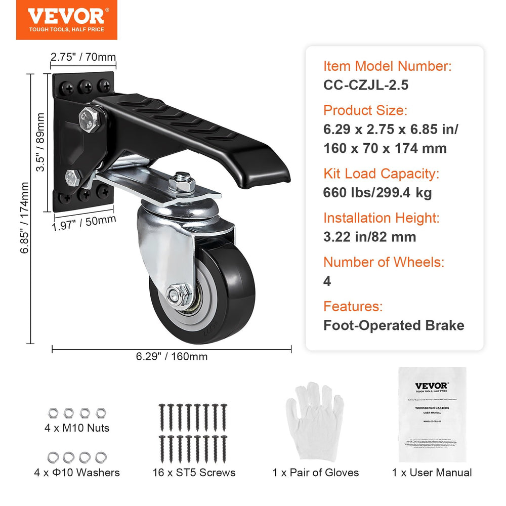 VEVOR Workbench Caster Wheels, 74.8kg Load Capacity, Set of 4, 6.3cm Heavy Duty Retractable Casters, Side Mounted Adjustable Stepdown Wheels with 360° Swivel for Workbenches, Tables, and Equipment