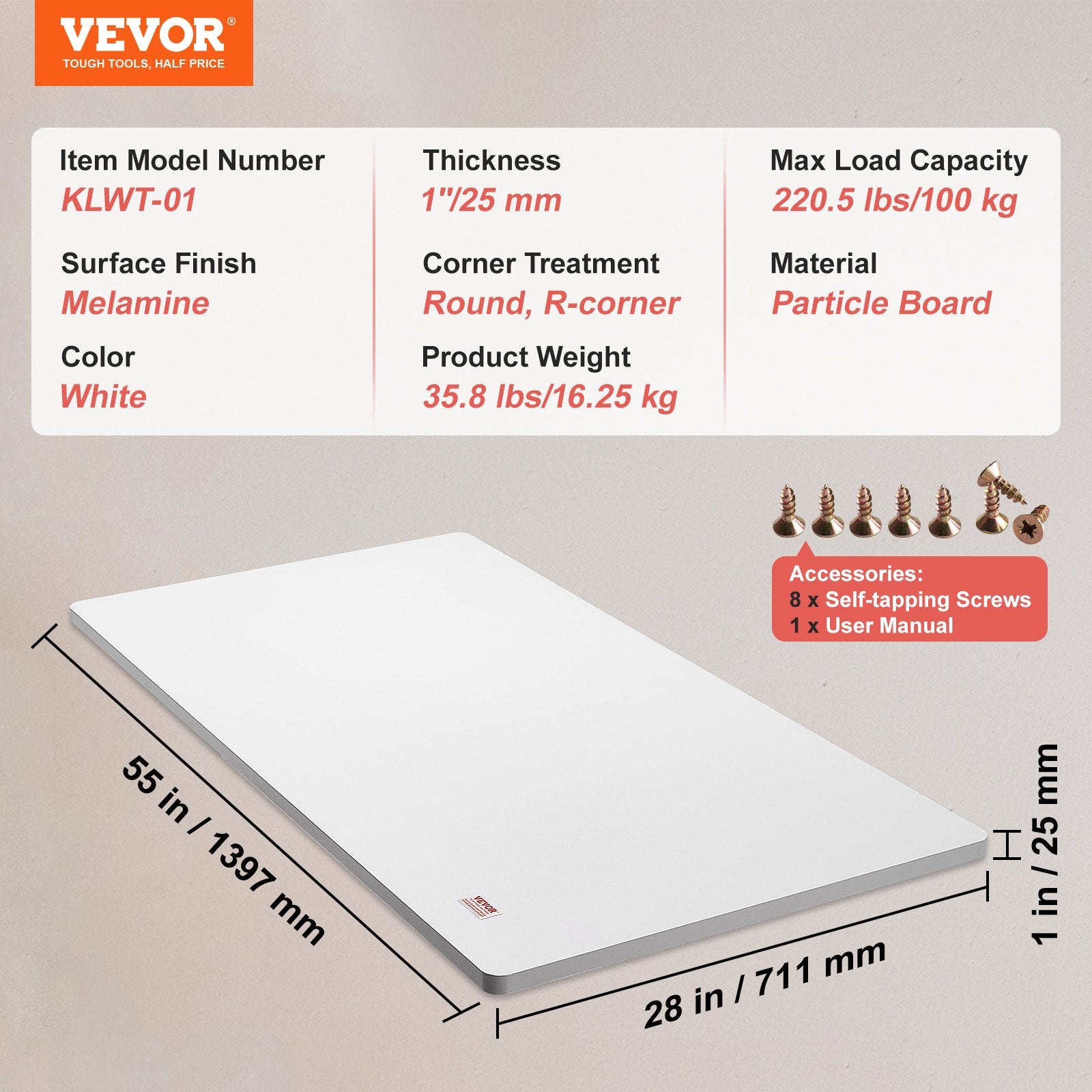 VEVOR Table Top, 55" x 28" x 1", 220.5 lbs Load Capacity, Universal One-Piece Particle Board Desktop for Height Adjustable Electric Standing Desk Frame, Rectangular Countertop for Home and Office Desk