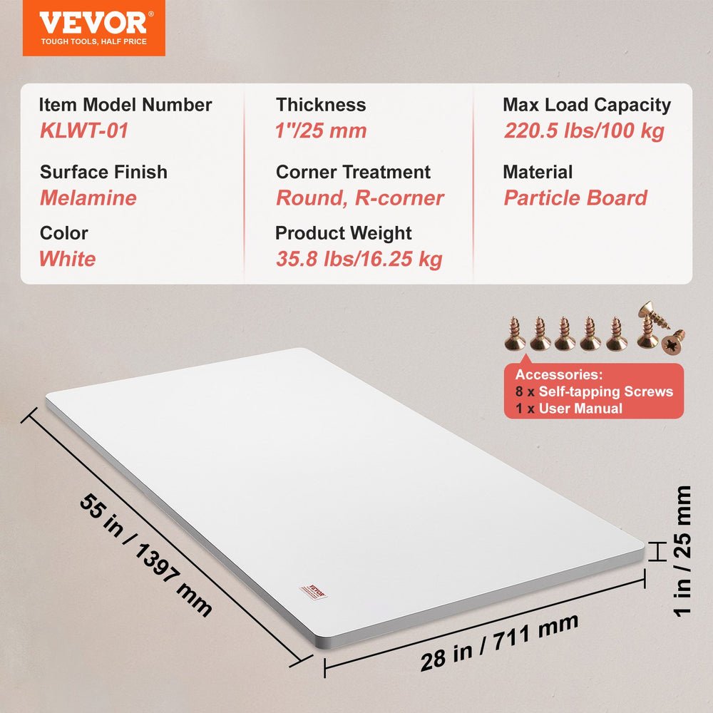 VEVOR Table Top, 55" x 28" x 1", 220.5 lbs Load Capacity, Universal One-Piece Particle Board Desktop for Height Adjustable Electric Standing Desk Frame, Rectangular Countertop for Home and Office Desk