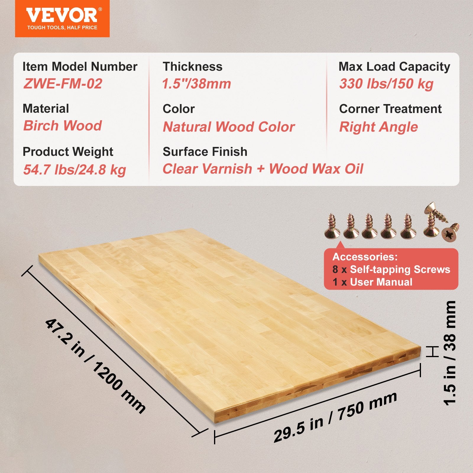 VEVOR Wood Table Top, 47.2" x 29.5" x 1.5", 330lb Load Capacity, Universal Solid One-Piece Maple Wood Desktop for Height Adjustable Electric Standing Desk Frame, Rectangular Countertop for Home Office