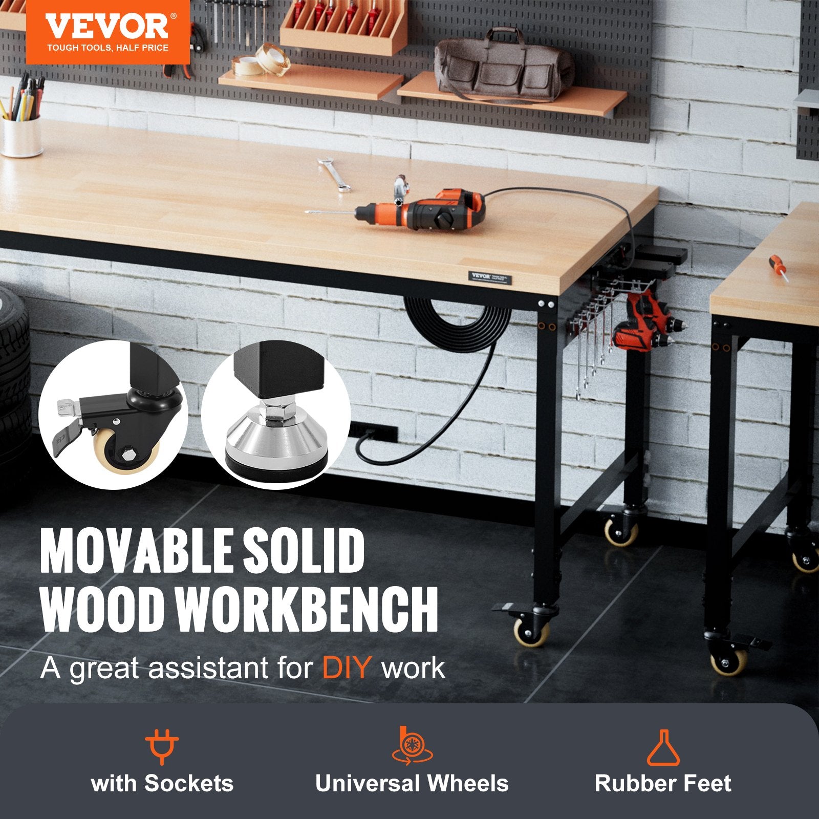 VEVOR Adjustable Workbench Work Table Top, Dimensions: 72" x 25" Adjustable Height: 28"-40" Max Load 3000lbs Table with Power Sockets Wooden Top for Office Home Garage