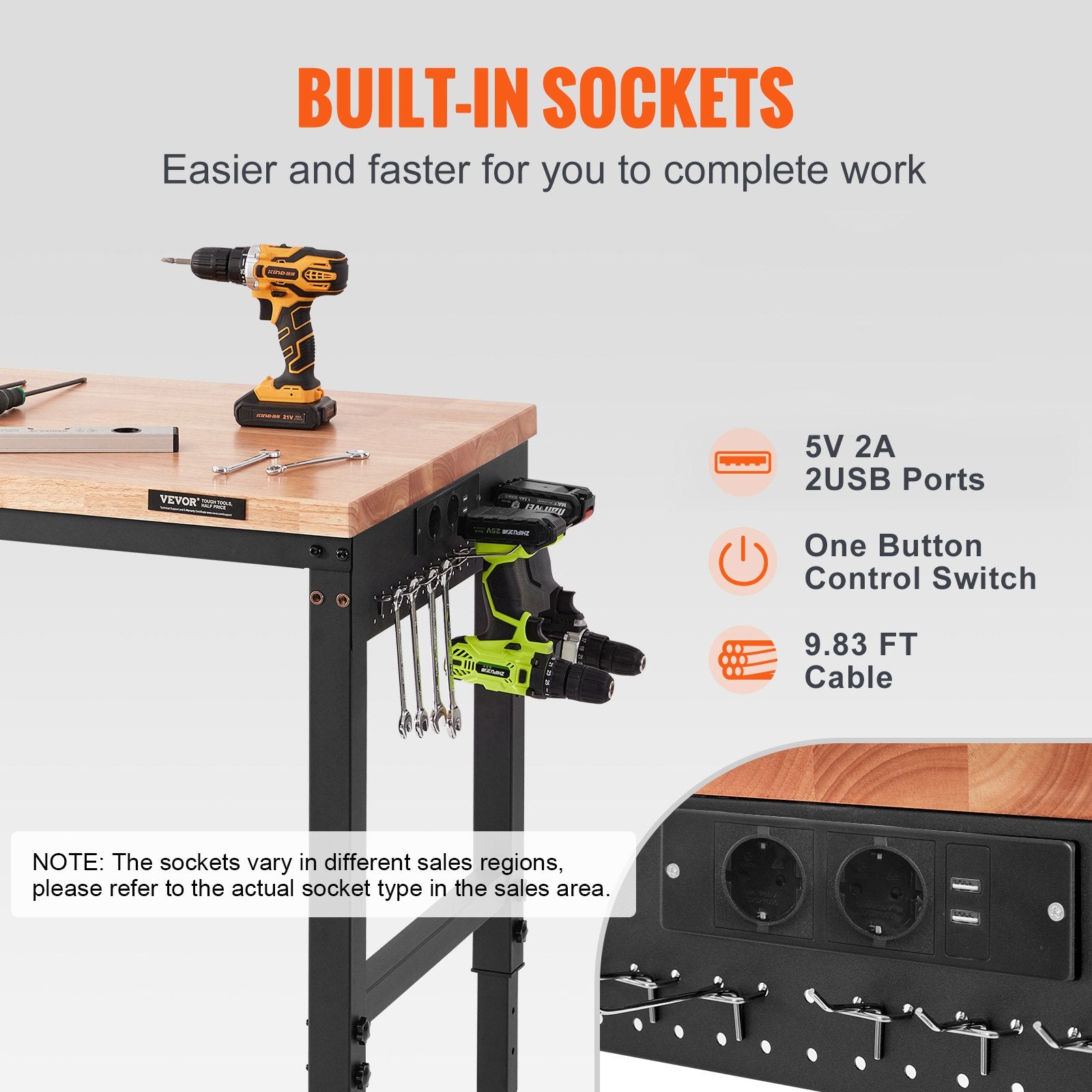 VEVOR Adjustable Workbench Work Table Top, Dimensions: 72" x 25" Adjustable Height: 28"-40" Max Load 3000lbs Table with Power Sockets Wooden Top for Office Home Garage