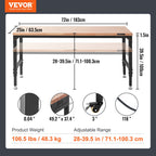 VEVOR Adjustable Workbench Work Table Top, Dimensions: 72" x 25" Adjustable Height: 28"-40" Max Load 3000lbs Table with Power Sockets Wooden Top for Office Home Garage
