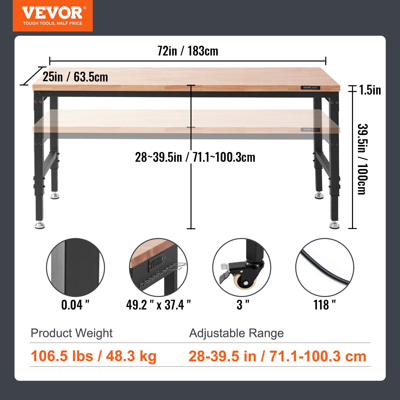 VEVOR Adjustable Workbench Work Table Top, Dimensions: 72" x 25" Adjustable Height: 28"-40" Max Load 3000lbs Table with Power Sockets Wooden Top for Office Home Garage