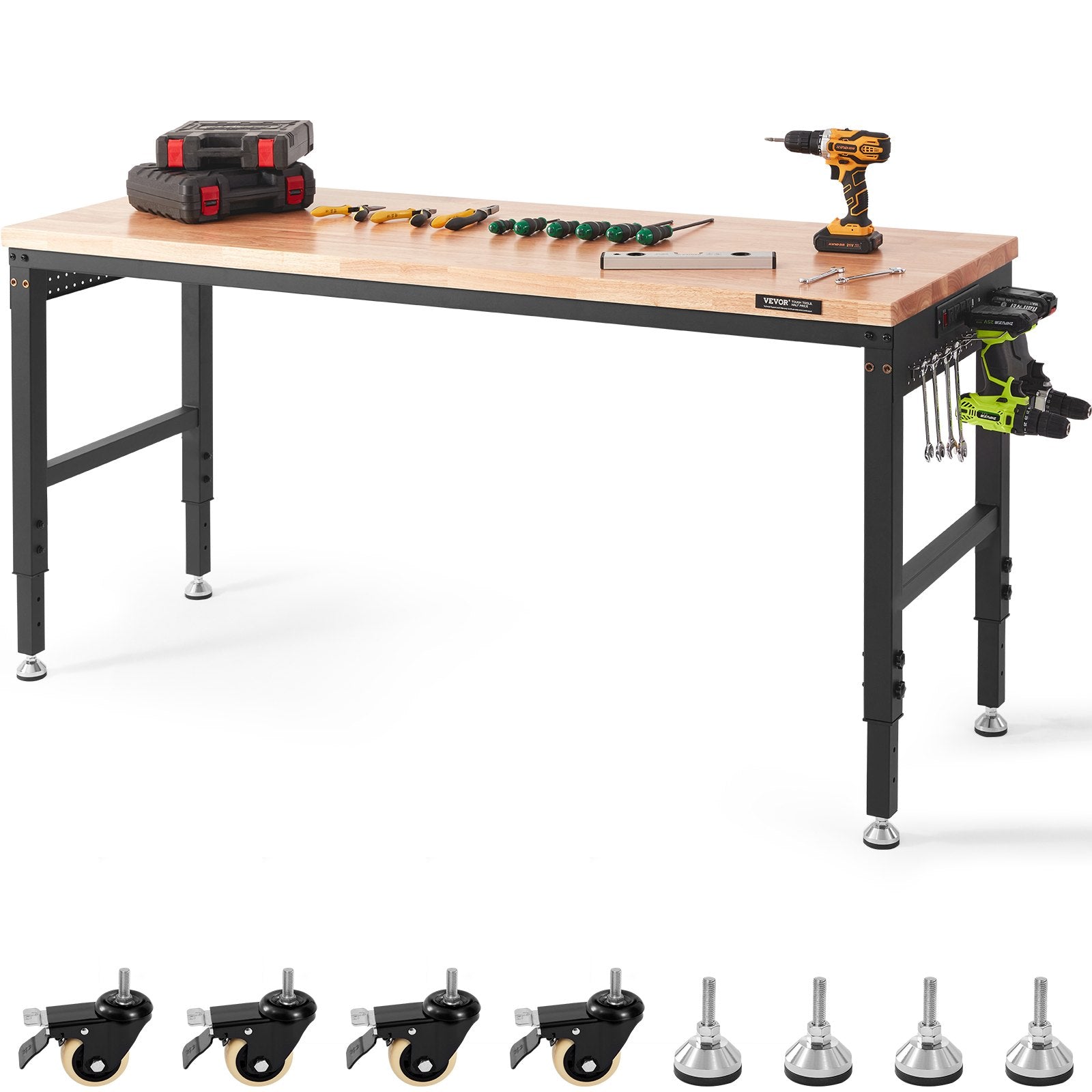 VEVOR Adjustable Workbench Work Table Top, Dimensions: 72" x 25" Adjustable Height: 28"-40" Max Load 3000lbs Table with Power Sockets Wooden Top for Office Home Garage