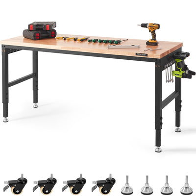VEVOR Adjustable Workbench Work Table Top, Dimensions: 72" x 25" Adjustable Height: 28"-40" Max Load 3000lbs Table with Power Sockets Wooden Top for Office Home Garage