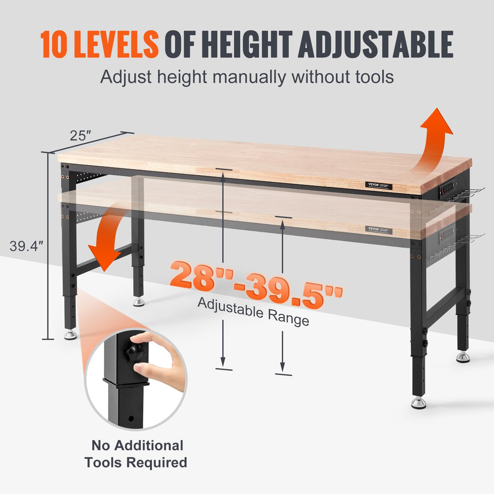 VEVOR Adjustable Workbench Work Table Top, Dimensions: 72" x 25" Adjustable Height: 28"-40" Max Load 3000lbs Table with Power Sockets Wooden Top for Office Home Garage