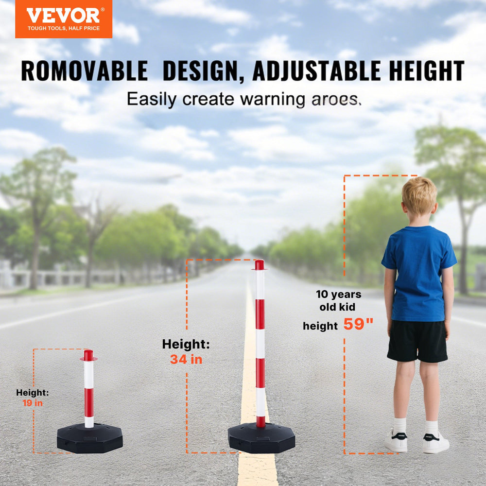 VEVOR Adjustable Traffic Delineator Post Cones, 4 Pack, Traffic Safety Delineator Barrier with Fillable Base 2.44 m Chain, for Traffic Control Warning Parking Lot Construction Caution Roads, Red & White