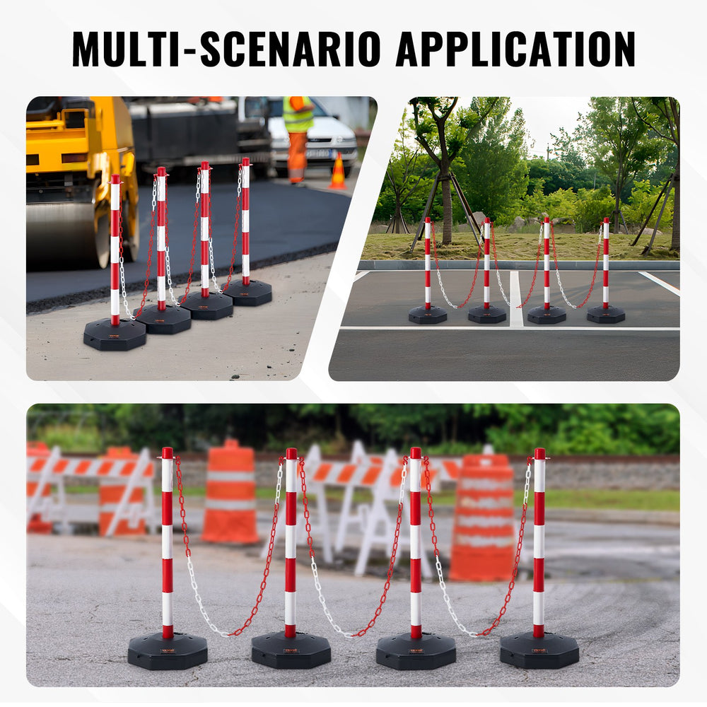 VEVOR Adjustable Traffic Delineator Post Cones, 4 Pack, Traffic Safety Delineator Barrier with Fillable Base 2.44 m Chain, for Traffic Control Warning Parking Lot Construction Caution Roads, Red & White