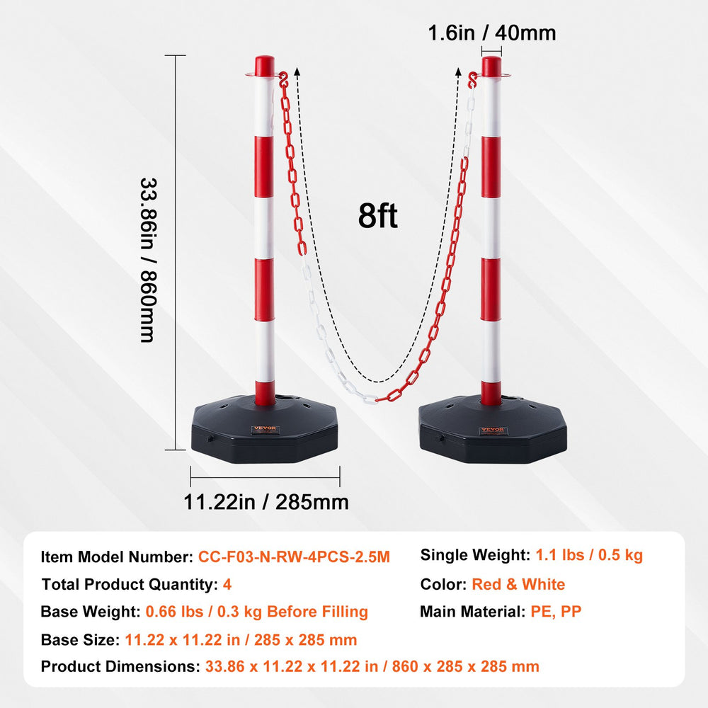 VEVOR Adjustable Traffic Delineator Post Cones, 4 Pack, Traffic Safety Delineator Barrier with Fillable Base 2.44 m Chain, for Traffic Control Warning Parking Lot Construction Caution Roads, Red & White