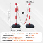 VEVOR Adjustable Traffic Delineator Post Cones, 4 Pack, Traffic Safety Delineator Barrier with Fillable Base 2.44 m Chain, for Traffic Control Warning Parking Lot Construction Caution Roads, Red & White