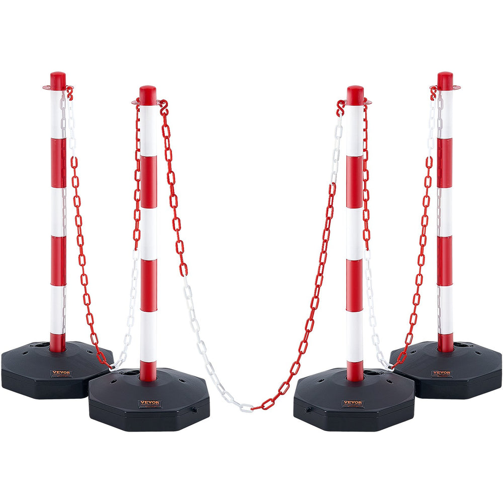 VEVOR Adjustable Traffic Delineator Post Cones, 4 Pack, Traffic Safety Delineator Barrier with Fillable Base 2.44 m Chain, for Traffic Control Warning Parking Lot Construction Caution Roads, Red & White