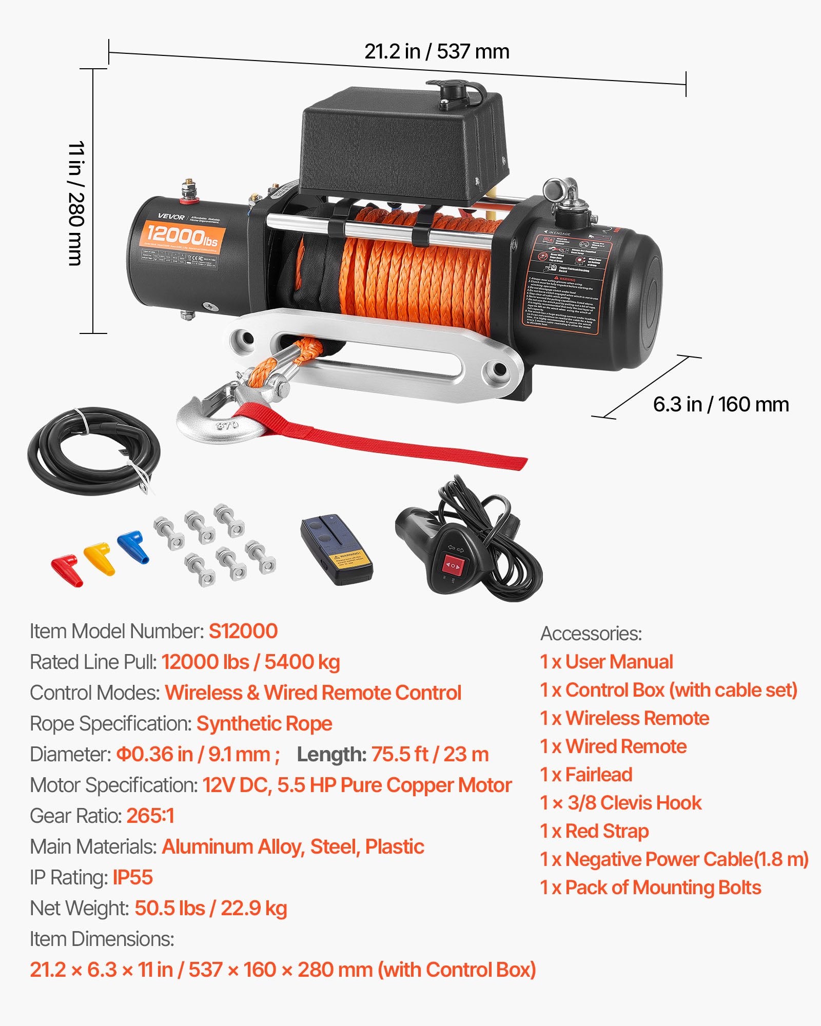 VEVOR Electric Winch, 5400 kg Load Capacity, 12V DC Truck Winch with Φ9.1 mm x 23 m Synthetic Rope, Wireless & Wired Remote Control, IP55 Waterproof for Towing Off-Road SUV Jeep Trailer Boat