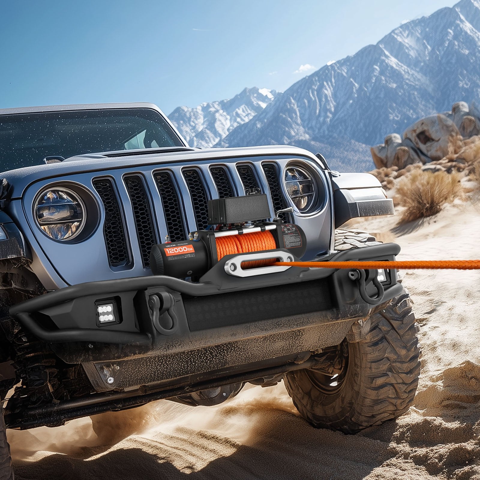 VEVOR Electric Winch, 5400 kg Load Capacity, 12V DC Truck Winch with Φ9.1 mm x 23 m Synthetic Rope, Wireless & Wired Remote Control, IP55 Waterproof for Towing Off-Road SUV Jeep Trailer Boat