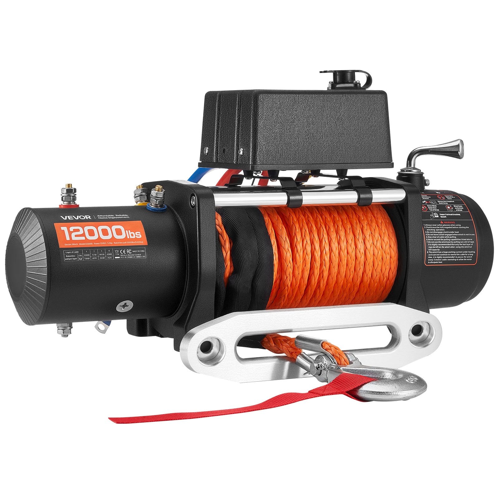 VEVOR Electric Winch, 5400 kg Load Capacity, 12V DC Truck Winch with Φ9.1 mm x 23 m Synthetic Rope, Wireless & Wired Remote Control, IP55 Waterproof for Towing Off-Road SUV Jeep Trailer Boat