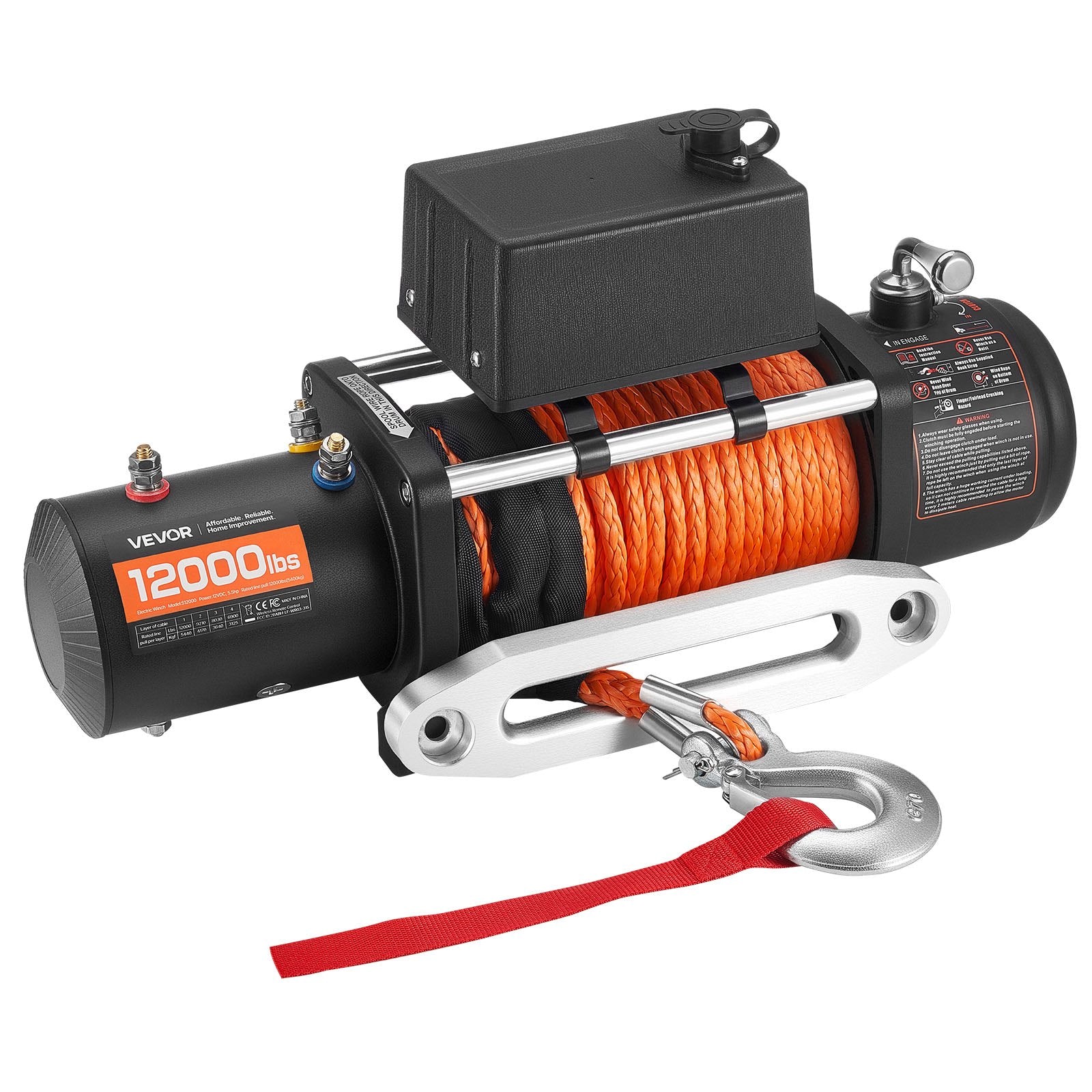 VEVOR Electric Winch, 5400 kg Load Capacity, 12V DC Truck Winch with Φ9.1 mm x 23 m Synthetic Rope, Wireless & Wired Remote Control, IP55 Waterproof for Towing Off-Road SUV Jeep Trailer Boat
