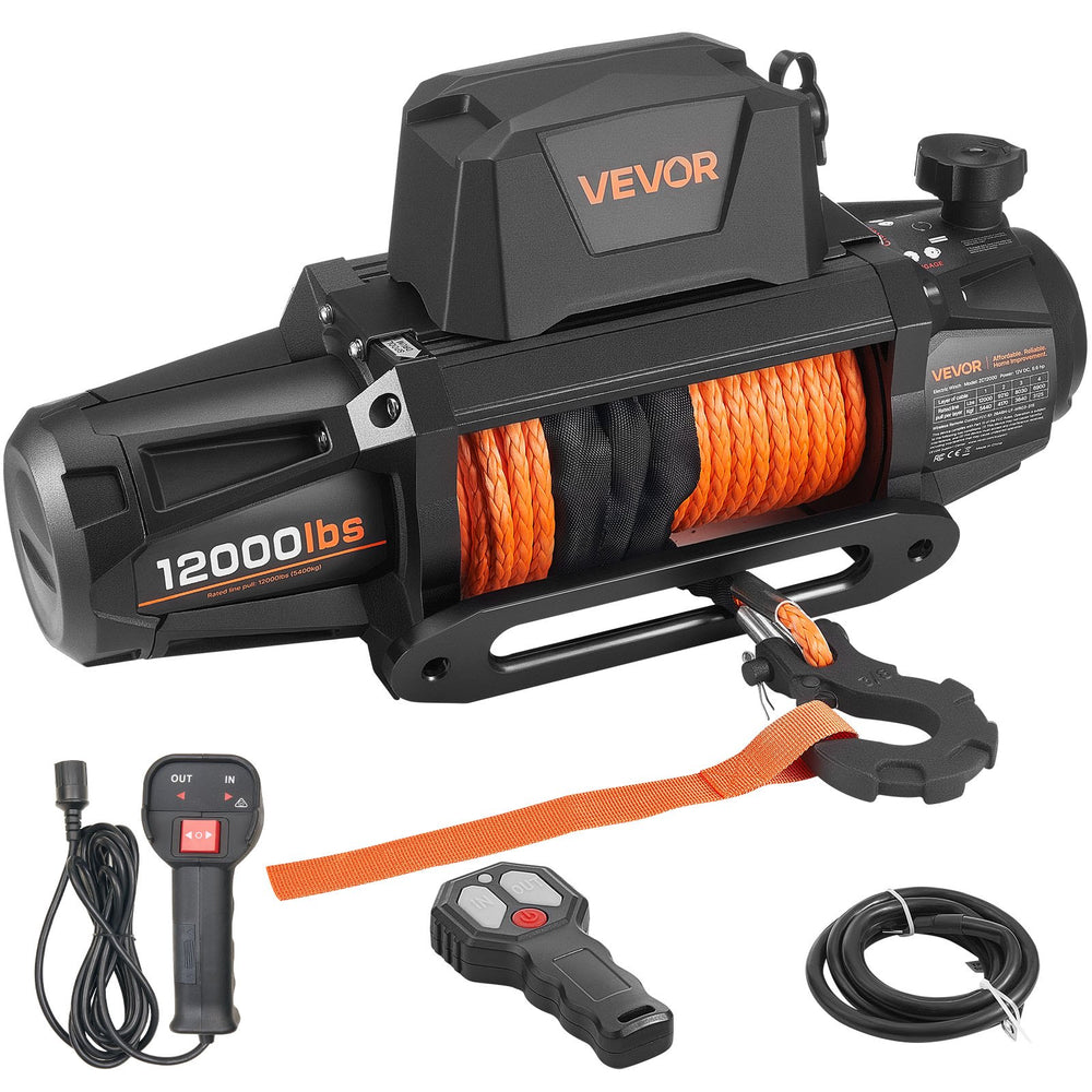 VEVOR Electric Winch, 5400 kg Load Capacity, 12V DC Truck Winch with Φ9.5 mm x 28 m Synthetic Rope, Wireless & Wired Remote Control, IP67 Waterproof for Towing Off-Road SUV Jeep Trailer Boat