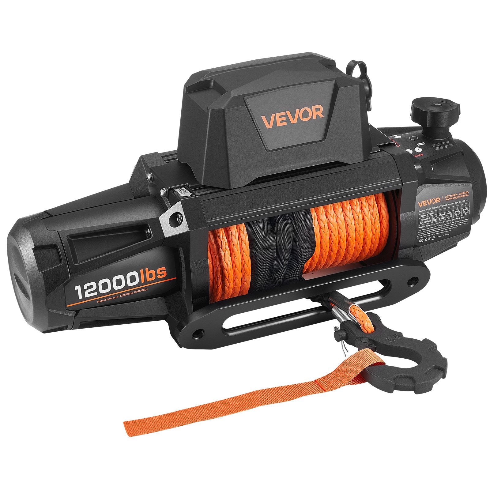 VEVOR Electric Winch, 5400 kg Load Capacity, 12V DC Truck Winch with Φ9.5 mm x 28 m Synthetic Rope, Wireless & Wired Remote Control, IP67 Waterproof for Towing Off-Road SUV Jeep Trailer Boat
