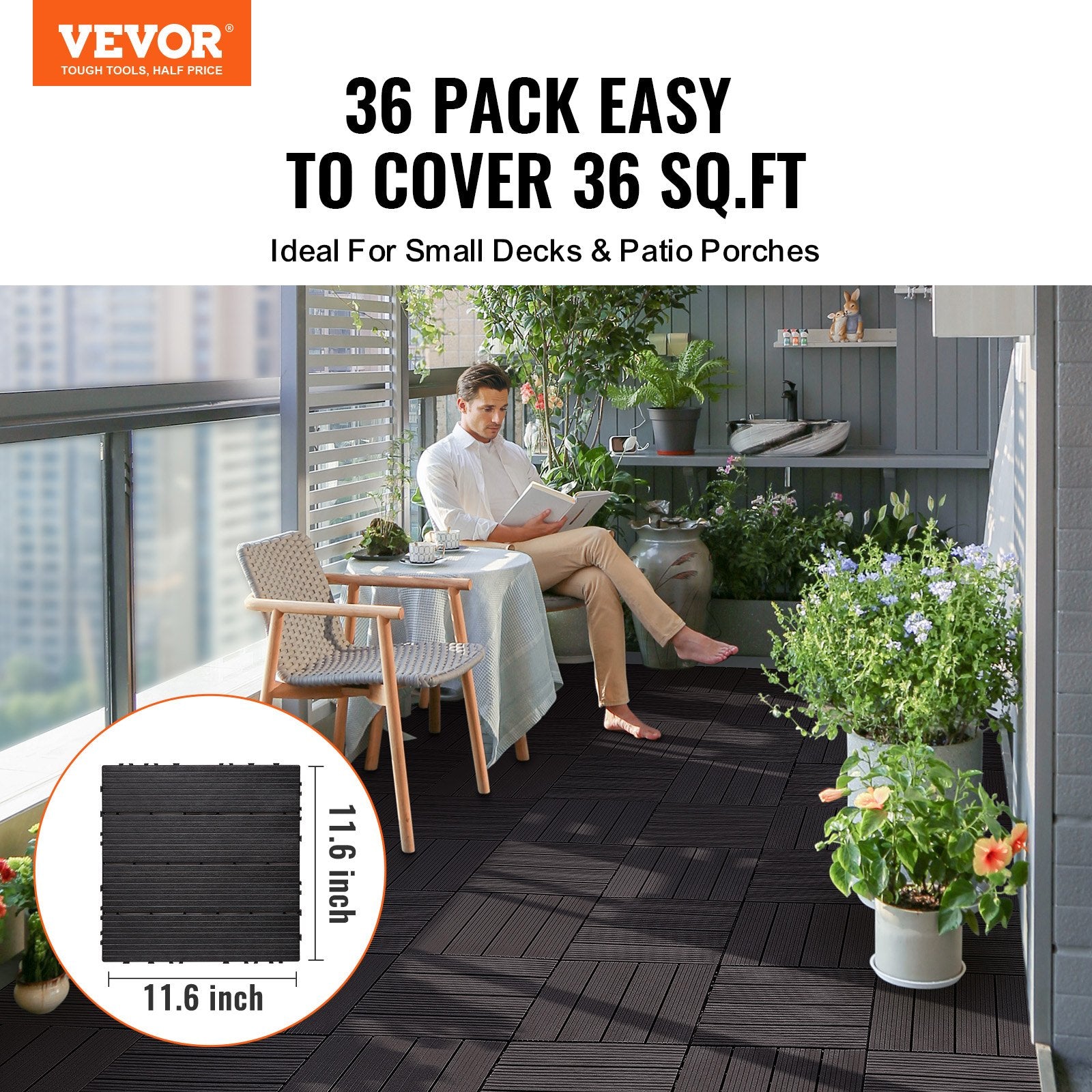 VEVOR Interlocking Deck Tiles, 36 Pack, 11.6"x11.6" 36 sq. ft Plastic Waterproof Outdoor Flooring All Weather Use, Patio Floor Decking Covering Tiles for Porch Poolside Balcony Backyard, Dark Brown